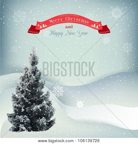 Winter Christmas landscape vector background with snow covered hills