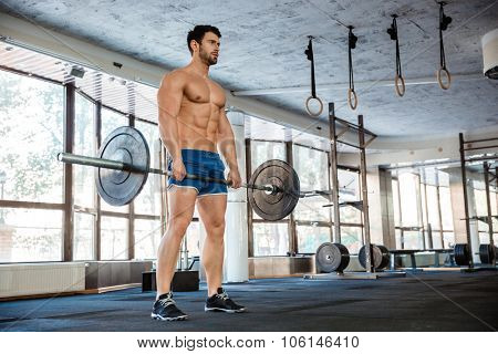 Portrait of a muscular man workout with barbell in fitness gym