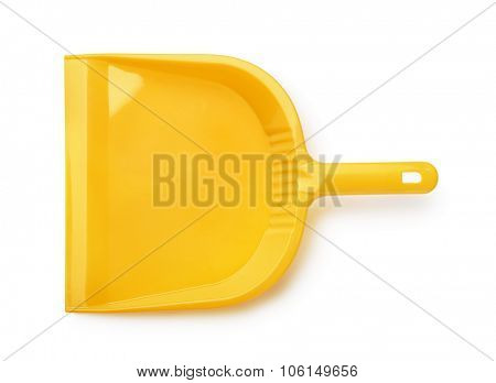 Top view of orange plastic dustpan isolated on white