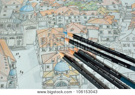 Coloured pencils on a coloured pencil drawing of Dubrovnik.