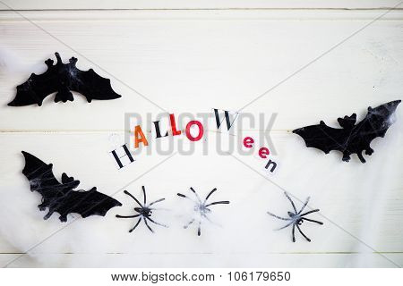 Halloween Letters Cut Out From The Magazines, Bats, Web And Black Spiders