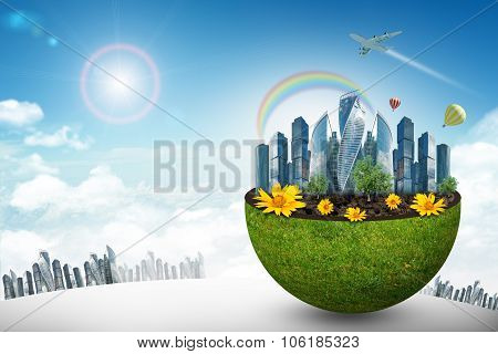 City in half green globe