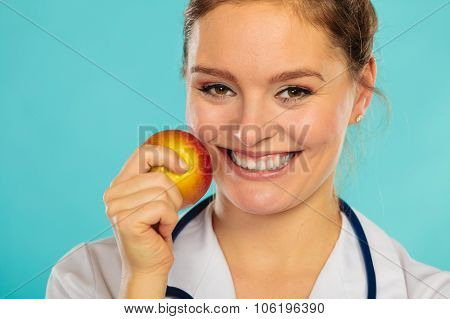 Happy Dietitian Nutritionist With Apple Fruit.