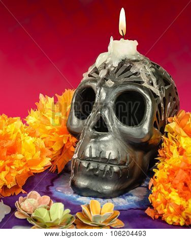 Oaxacan Black Clay Skull With Candle
