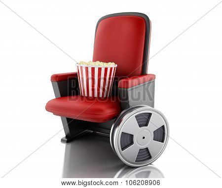 3D Film Reel And Popcorn On Theater Seat.