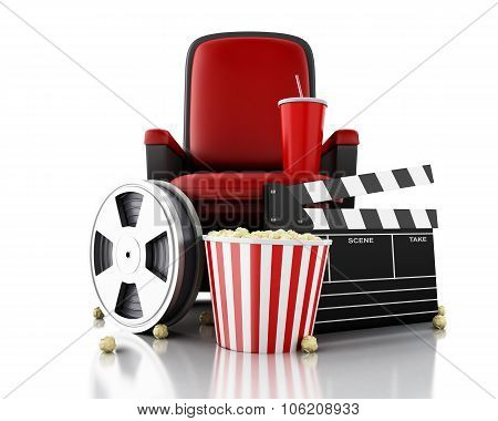 3D Film Reel, Popcorn And Drink On Theater Seat.