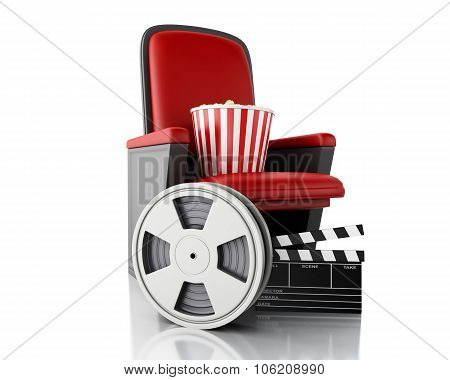3D Film Reel, Popcorn And Cinema Clapper Board On Theater Seat.