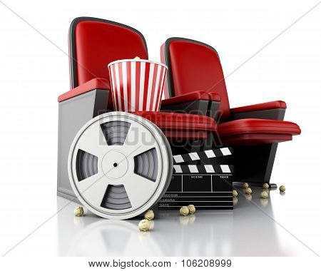 3D Film Reel, Popcorn And Cinema Clapper Board On Theater Seat.