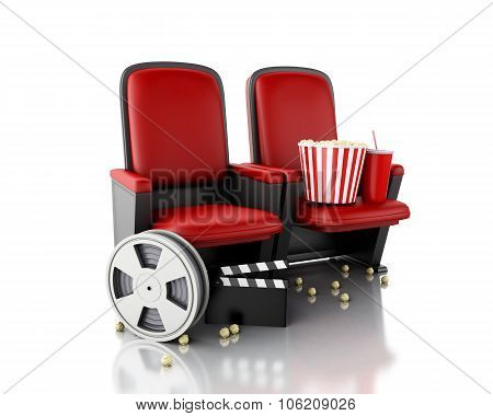 3D Film Reel, Popcorn And Cinema Clapper Board On Theater Seat.