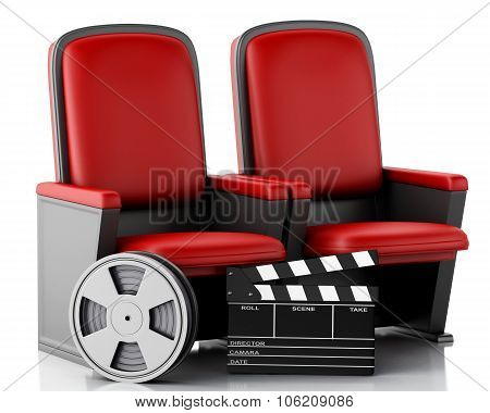 3D Film Reel And Cinema Clapper Board On Theater Seat.