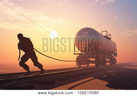 Man pulls a rope rail car.