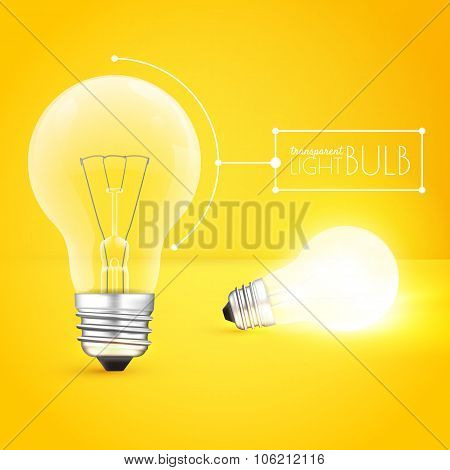 Two light bulbs: standing and shining one on yellow background. On, off modes. Vector illustration f