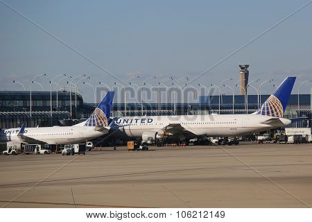 United Airlines planes at the gate at O'Hare International Airport in Chicago