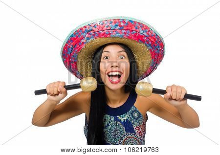 Young attractive woman wearing sombrero on white