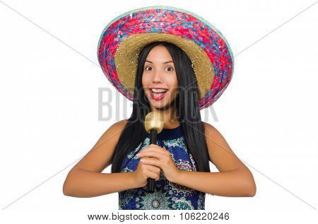 Young attractive woman wearing sombrero on white