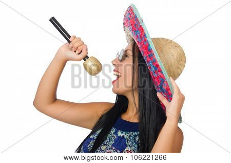 Young attractive woman wearing sombrero on white