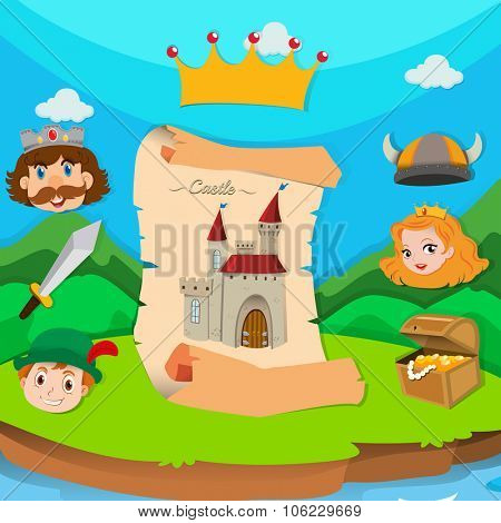 Castle theme with king and princess illustration