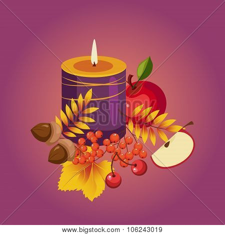 Thanksgiving Autumn Illustration with Candle, Berries and Apples, Vector