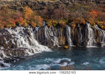 Hraunfossar Waterfalss, Autumn Iceland. Beautiful Nature