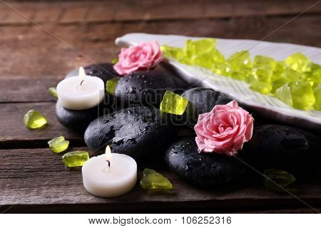 Relaxing composition on wooden background