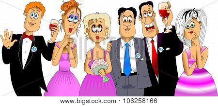 Three Men With Girlfriends At A Wedding