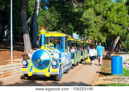 Tourist Train On The Coastline In Porec, Istria, Croatia