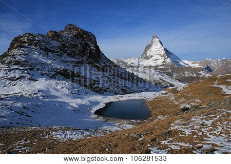 Morning Scene On The Gornergrat, View Of The Matterhorn And Lake Riffelsee