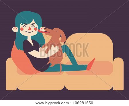 Girl Holding Her Dog On Sofa