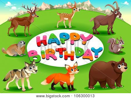 Happy Birthday card with mountain and wood animals. Vector cartoon illustration