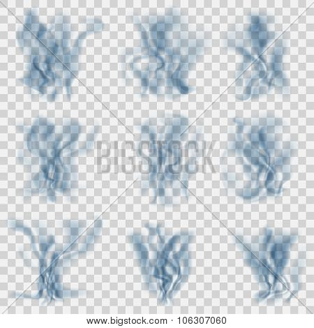 Set Of Translucent Light Blue Smoke. Transparency Only In Vector Format