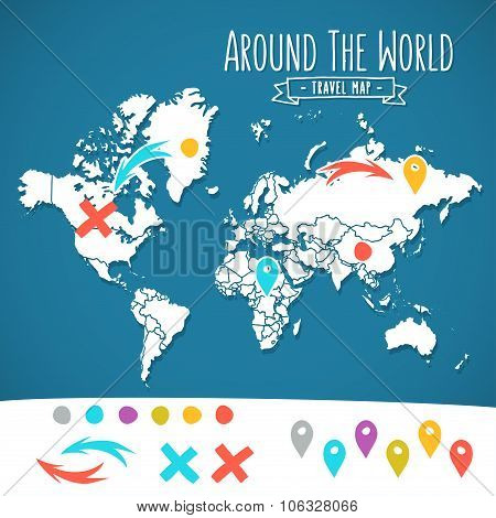Hand drawn world map with pins and arrows vector design. Cartoon style atlas illustration. Travel po