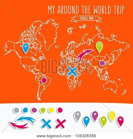 Hand drawn world map with pins and arrows vector design. Cartoon style atlas illustration. Travel po