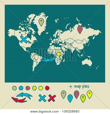 Hand drawn world map with pins and arrows vector design. Cartoon style atlas illustration. Travel po