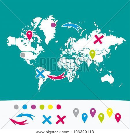 Hand drawn world map with pins and arrows vector design. Cartoon style atlas illustration. Travel po