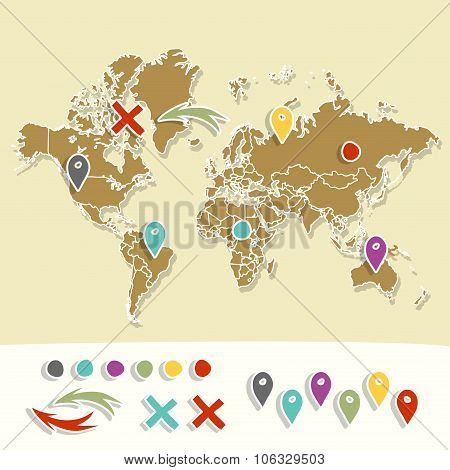 Hand drawn world map with pins and arrows vector design. Cartoon style atlas illustration. Travel po