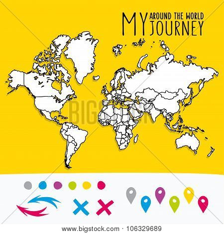 Hand drawn world map with pins and arrows vector design. Cartoon style atlas illustration. Travel po