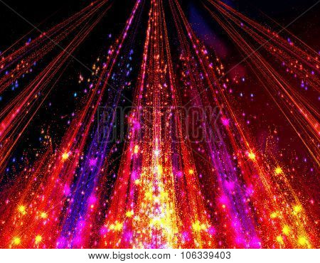 Abstraction with laser beams and flare sparks and the stars are shining in the darkness, colorful li