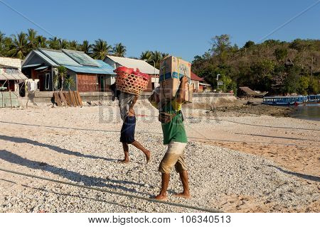 Men Transports Cargo From Ship