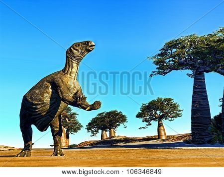 Iguanodon standing on hind legs in jurassic desert