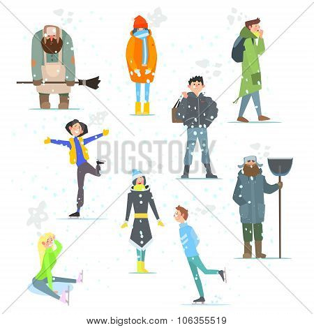 People in Winter. Winter Activities. Vector Illustration.