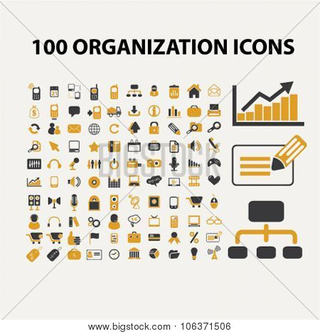 100 organization, management, office, business icons set for infographics