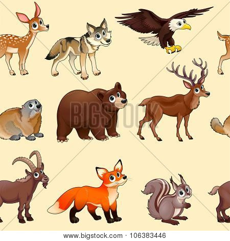 Cartoon mountain animals pattern. The sides repeat seamlessly for a possible packaging or graphic