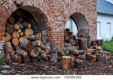 monastery walls and prepared for splitting firewood