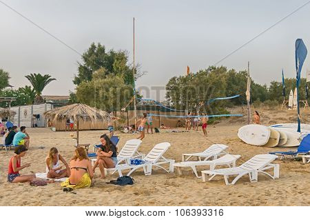 Paros, Greece, 9 August 2015. Xrisi Akti beach with people enjoying their summer.