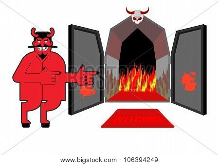 Satan Invites Sinners To Hell. Devil Indicates Hand On Purgatory. Laughing Red Daemon At  Entrance O
