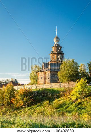 Church of Transfiguration in Old Russian Town - Suzdal, Russia. Preobrazhenskaya church from village Kozlyatevo, transported in Suzdal - monument of wooden architecture of middle of the XVIII century.