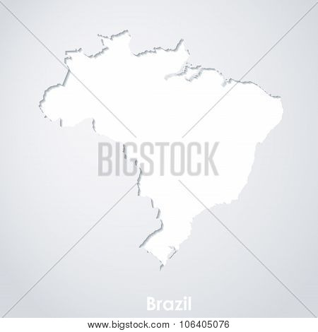 Map of Brazil. White paper silhouette with shadows on white background.