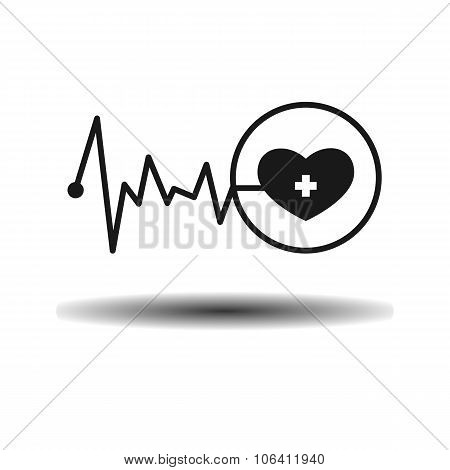 Medical Cardiogram Heart And Pulse Flat Monochrome Icon
