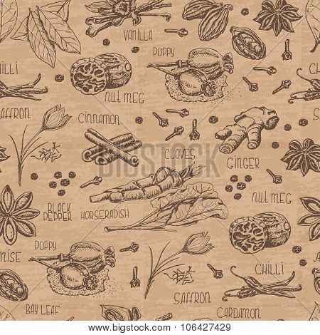 Seamless Pattern With Spices On A Beige Background