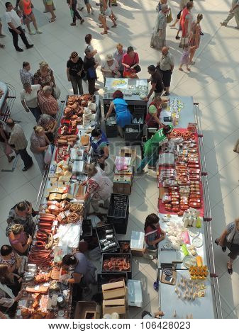 Sausages And Dairy Products In The City Food Market